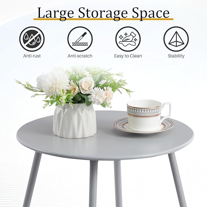 HollyHOME Round Metal Side Table, Rust-Resistant Patio Small Plant Stand, Outdoor 17.32'' Portable End Table for Balconies, Gardens, Living Rooms and Bedrooms, Grey