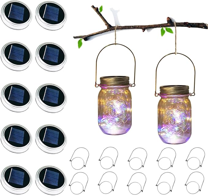 Solar Mason Jar Lid Lights, 10 Pack 30 LED Waterproof Firefly Fairy Lights with Hangers(No Jars), Outdoor Starry String Lights for Patio Yard Garden Wedding Lantern Decor (Colorful-with Hanger)