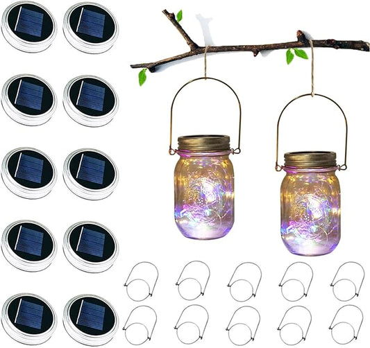 Solar Mason Jar Lid Lights, 10 Pack 30 LED Waterproof Firefly Fairy Lights with Hangers(No Jars), Outdoor Starry String Lights for Patio Yard Garden Wedding Lantern Decor (Colorful-with Hanger)