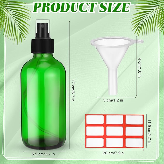 Norme 12 Pcs 8 oz Glass Spray Bottles with Funnels and Labels Refillable Cosmetic Empty Spray Bottles with Sprayer Containers for Essential Oil Cleaning Solutions (Green,Stylish)
