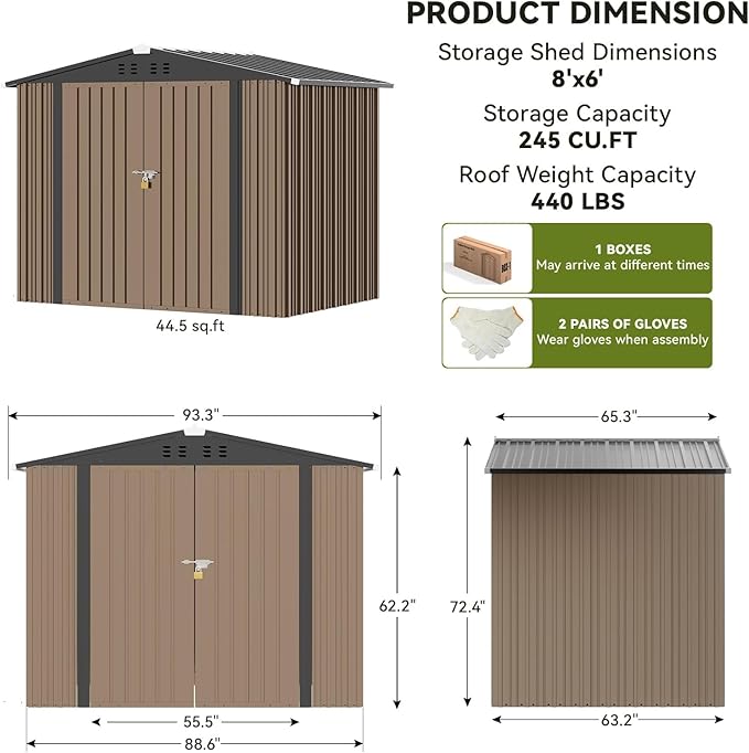 COMHOMA Shed Outdoor Storage Shed Metal,Lockable Doors Tool Sheds with Sloping Roof,Steel Garden Shed with Air Vent for Backyard,Patio,Lawn,Poolside (Brown, 8'*6')