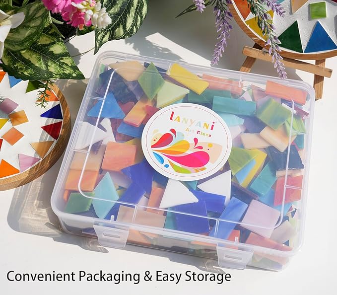Lanyani 2.4lb Bulk Extra-Large Mosaic Glass Tiles, Opaque Stained Glass Tile Mosaic Pieces in Vibrant Mixed Colors, 4 Shapes for DIY Crafts and Hobbies