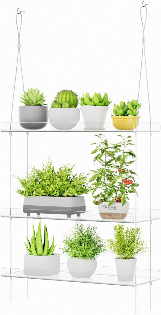 Lifewit 3-Tier Window Plant Shelves 15 inch, Acrylic Adjustable Hanging Floating Shelf, Window Sill Extender for Indoor Succulent Plants, Micro Greens, Seed Starter Pots, Herb Planters