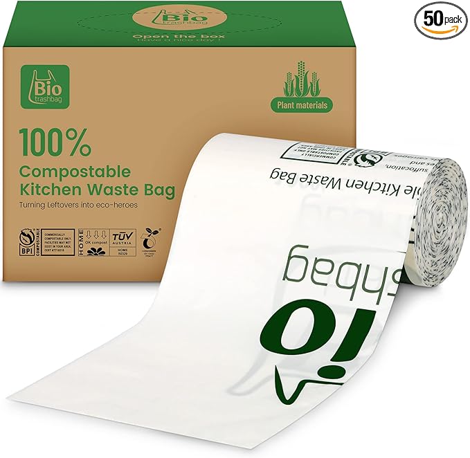 8 Gallon Compostable Trash Bags, 50 Count Flat-Top Trash Bags Biodegradable, Medium Small Food Scrap Waste Bags for Kitchen Bathroom Office Car, Extra Thick Compost Bags White