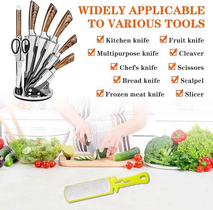 Diamond Sharpening Stone,400/1000 Grit Handheld Double-Sided Diamond Sharpener 5 in 1 Honeycomb Surface Knife Sharpener Plate Whetstone with Ceramic & Tungsten Steel Scissor Slot,Green