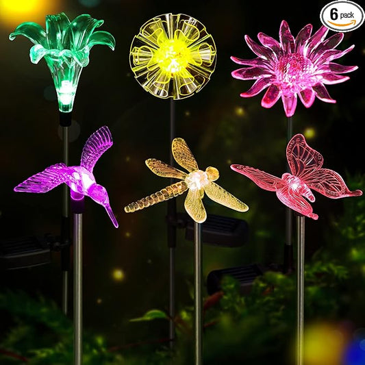 Solar Garden Lights Outdoor - 6 Pack LED Figurine Stake Lights, Color Changing Landscape Lighting, Halloween Decorative Flower Lights Solar Powered Waterproof for Patio Yard Pathway, Housewarming Gift