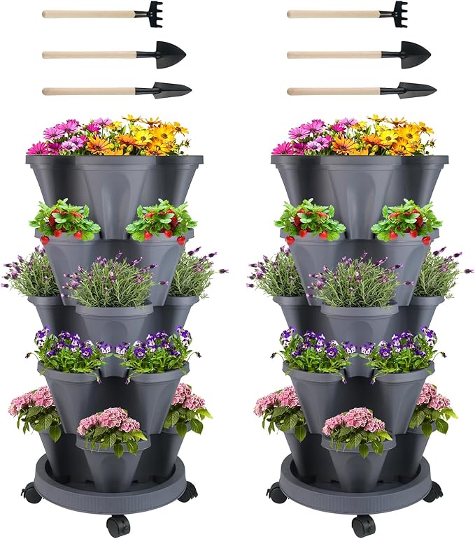 Vertical Planter 5 Tier Stackable Planters Garden Planters Strawberry Herb Flower and Vegetable Planter Indoor Outdoor Gardening Pots with Removable Wheels and Tools