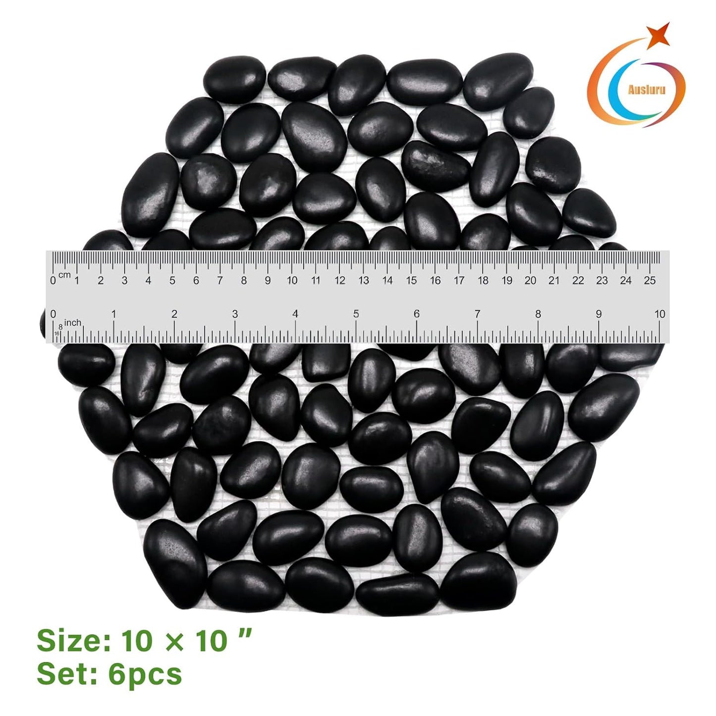 10in River Rock Stepping Stones Set - 6 Pack | Polished Pebble | Long-Lasting PVC Mesh Backing | Perfect for Garden Paths and Lawns Outdoor Landscaping Decoration | Black Rhombus