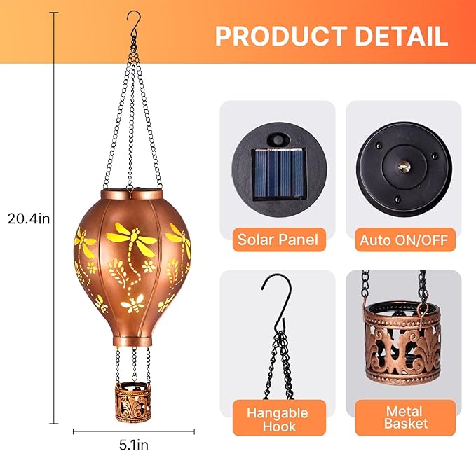 Dragonfly Hot Air Balloon Solar Lights Hollowed Metal Hanging LED Solar Lanterns Outdoor Waterproof Light for Garden Patio Yard Porch Christmas Decor Gifts for Women Mom Friends