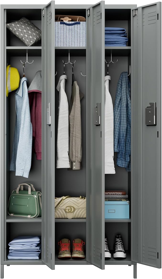 METAN Metal Locker for School Office Gym Bedroom,3 Doors Steel Storage Locker Cabinet for Employees,Industrial Storage Locker with 2 Shelves,Assembly Required (3 Door-Light Gray)