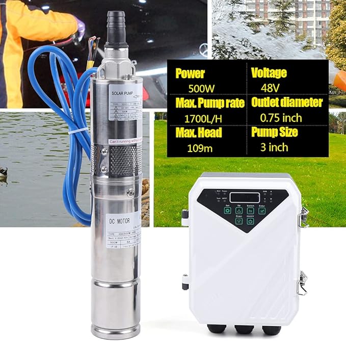 Deep Well Submersible Pump, 500W DC 48V Solar Water Pump 3Inch Stainless Steel Submersible Well Pump, Maximum Head 357.61 for Farm Ranch Irrigation