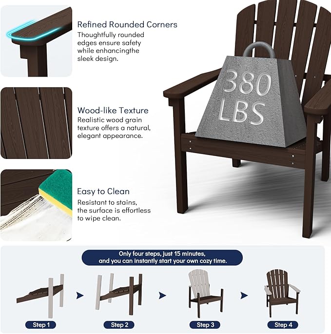 Stackable Adirondack Chair Set of 4, HDPE Outdoor Patio Chair - Durable and Space Saving, Suitable for Porches, Lawns or Garden, Coffee