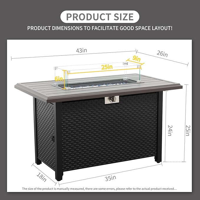 45 Inch Fire Table for Outside 60000 BTU Steel Gas Fire Pit Outdoor Fire Pit Table with Grille Tabletop Glass Wind Guard Fire Pit Cover and Blue Crystal Beads