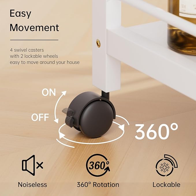 HITNET White Bar Cart, Home Bar Serving Cart, Kitchen Trolley on Wheels with Storage, 3 Tier Rolling Beverage Cart for Living Room Kitchen Home Office