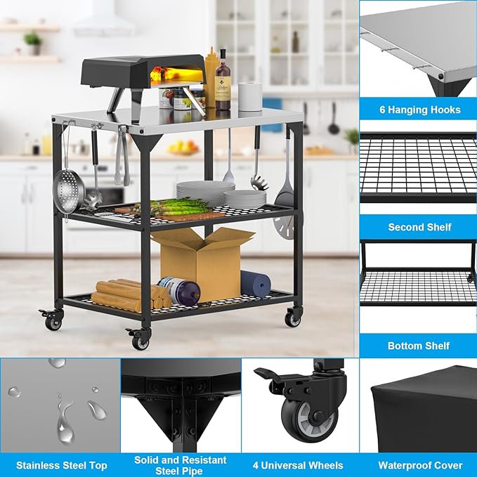 LS'BABQ Pizza Oven Table Cart for Ooni, Ninja Woodfire, Blackstone Grill Stand, Outdoor Grill Cart with Wheels, Stainless Steel Rolling Trolley Kitchen Cooking Food Prep and Work Cart Table with Cover