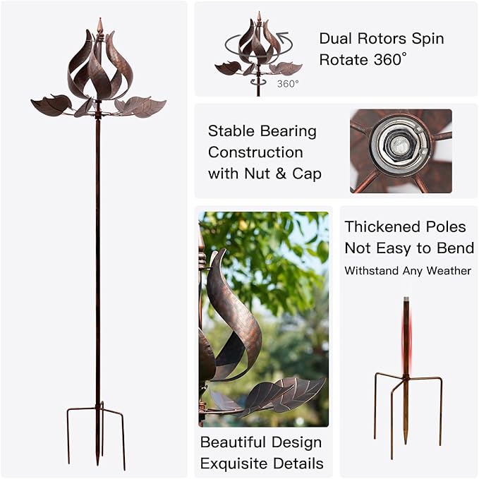 Yard Garden Wind Spinners - Large Tulip Outdoor Metal Wind Spinners with Stake, Yard Art Lawn Garden Decor (24" W x 73" H)