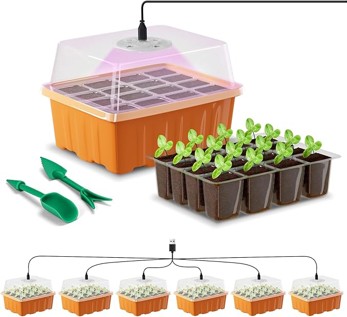 Seed Starter Tray with LED Light, 6 Pack 72 Cells Plant Grow Kit with Adjustable Humidity Vent for Mini Greenhouse Garden Germination,Bonsai Seedlings Starting Growing