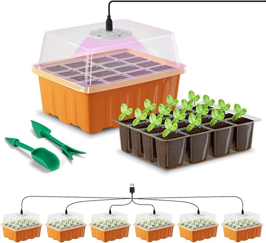 Seed Starter Tray with LED Light, 6 Pack 72 Cells Plant Grow Kit with Adjustable Humidity Vent for Mini Greenhouse Garden Germination,Bonsai Seedlings Starting Growing