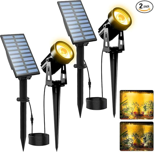 T-SUNUS Halloween Solar Landscape Spotlights 2 Pack Warm White, IP65 Waterproof Spot Lights 9.8ft Cable, Outdoor 3000K Garden Light Separated Panel for Christmas Tree Flag Yard Driveway Walkway Pool