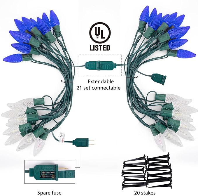 Brightown Strawberry C9 Christmas String Lights Outdoor - 25.7FT 20 LED Pathway, Connectable C9 Walkway, Waterproof Decoration for Lawn Outside - Blue & Pure White