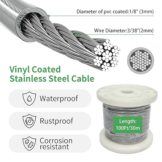 1/8" Wire Cable Rope Kit ，Vinyl Coated 304 Stainless Steel Wire – 100FT 7x7 Strand Cable with Turnbuckles，String Lights Hanging Kit for Outdoor, Garden,Patio, Crafts, Hanging Lights