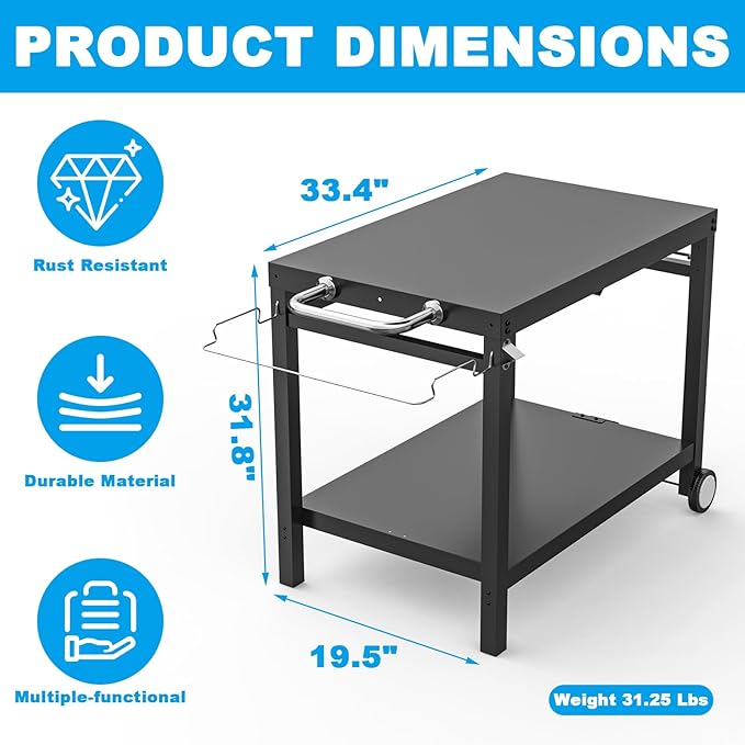 LS'BABQ Outdoor Grill Table Cart, Pizza Oven Stand, BBQ Prep Table with Trash Bag Holder Wheels & Hooks, Double-Shelf Movable Food Prep and Work Stand, Powder-Coated Steel Flattop Grill Cart