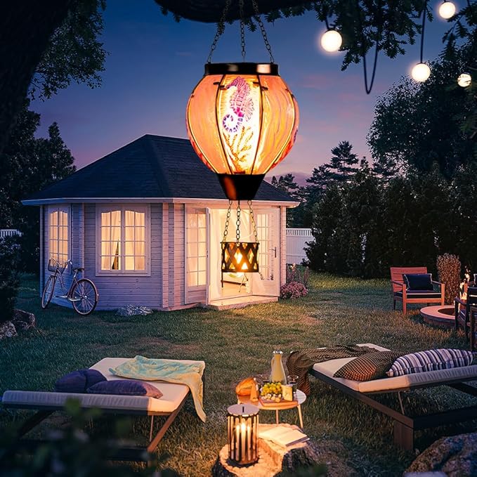 Seahorse Solar Hot Air Balloon Lantern with Flame Flickering Light,Glass Hot Air Balloon Solar Lanterns Outdoor Waterproof Hanging Outdoor Lights for Yard,Patio,Porch Garden Gift for Women