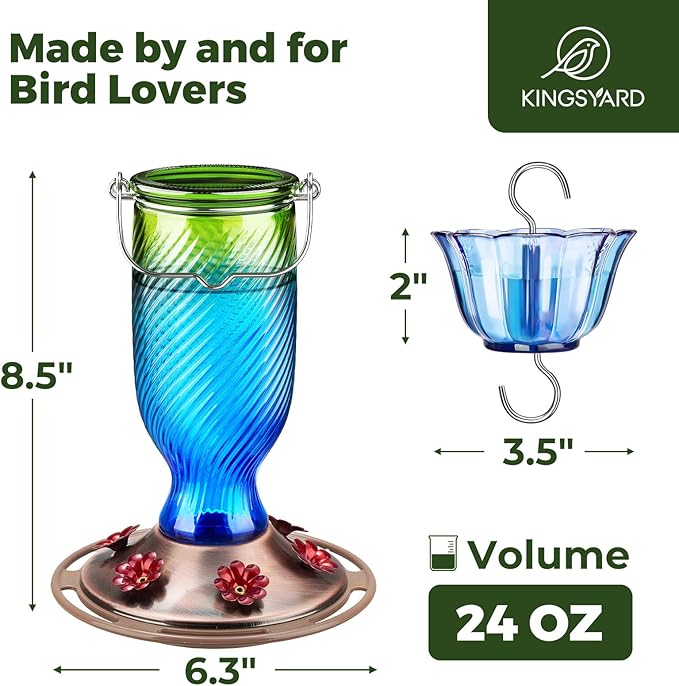 Kingsyard Glass Hummingbird Feeders for Outdoors, 24 oz Hummingbird Nectar Feeder for Outdoors Garden Yard Décor, 6 Feeding Ports, Ant Moat Included, Easy to Clean & Refill, Navy Blue