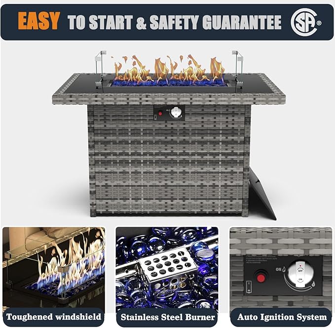 44 Inch Propane Gas Fire Pits Table for Outside Patio, 60000 BTU Rectangular Outdoor Wicker Rattan Fire Pit with Glass Wind Guard