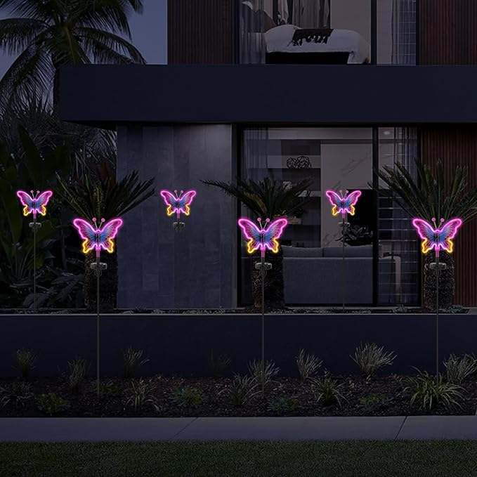 Butterfly Solar Lights, Solar Butterfly Outdoor Light, Garden Decor,Neon Butterfly Garden Lights for Outside, Yard, Pathways,Patio, Lawn, or Landscaping Decor (Amaranth, 2 Pack)
