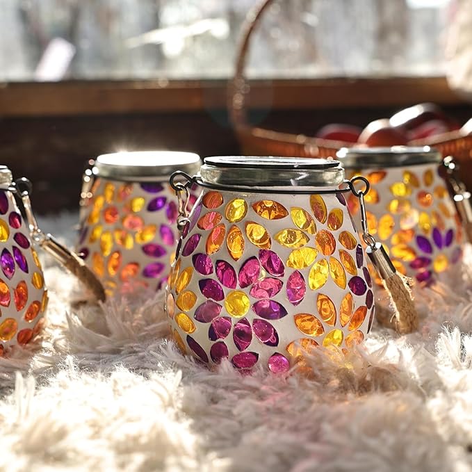 Cooo 4 Pack Mosaic Solar Lantern Outdoor Waterproof IP68 Hanging Projection Light Hidden Lid Pear-Shaped Lantern with Rope Handle Solar Powered Auto On for Patio Garden Fence Table -Petal Mirage