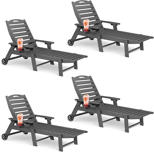 Lounge Chair Outdoor Set of 4 with Wheels, Adjustable 6-Position Chaise Lounge Outdoor, Patio Lounge Chair for Poolside Backyard, Grey