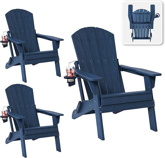 Folding Adirondack Chair Set of 3 with Cup Holder, HDPE All Weather Resistant Plastic Outdoor Patio Chairs, Heavy Duty Fire Pit Seating for Backyard Lawn Garden, Wooden Textured Design(Navy Blue)