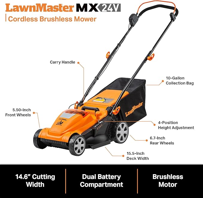 LawnMaster CLMF4815E 48V MAX* 15-inch Brushless Cordless Mower with 2X24V MAX* 4.0Ah Battery and a Dual Charger