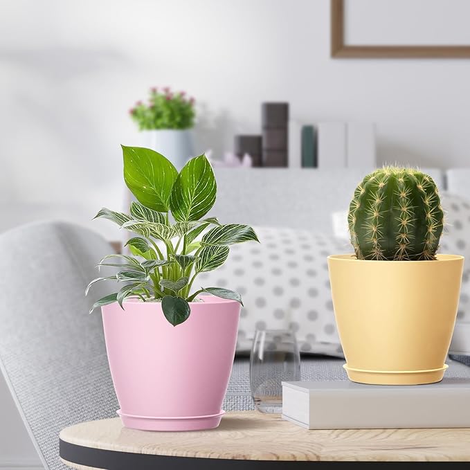 16 Pack 4 Inch Plant Pots with Drainage Holes and Saucers, Pots for Plant Indoor, Plastic Planters for Succulents and Small Plants, Colorful
