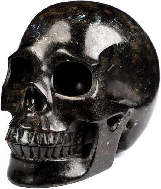 Skullis 5.0" Russian Arfvedsonite Crystal Skull, Hand Carved Gemstone Fine Art Sculpture, Reiki Healing Stone Statue.