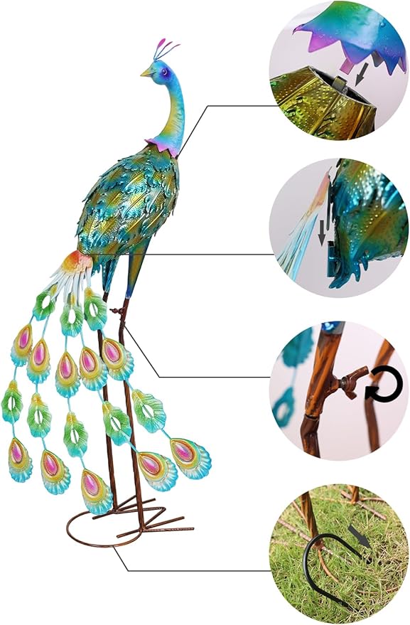 YEAHOME Garden Decor Outdoor Statues, 34" Large Metal Peacock Standing Yard Art, Blue Green Bird Lawn Sculptures Garden Decor for Outside Patio Porch Backyard