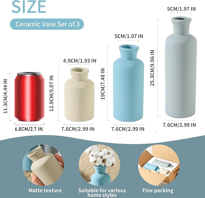 Ceramic Vase Set of 3, Neutral Modern Vases Home Decor Boho Vase Farmhouse Decor Flowers Pampas Vases for Table Mantel Entryway Shelf Living Room Kitchen Bathroom - Blue