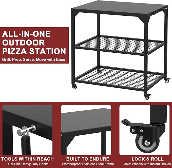 Stainless Steel Pizza Oven Table Cart with Wheels, 3-Shelf Outdoor Grill Stand for Ooni, Blackstone, Ninja Woodfire, Cuisinart and Most Grill – Portable Movable Food Prep Cart & Topping Station