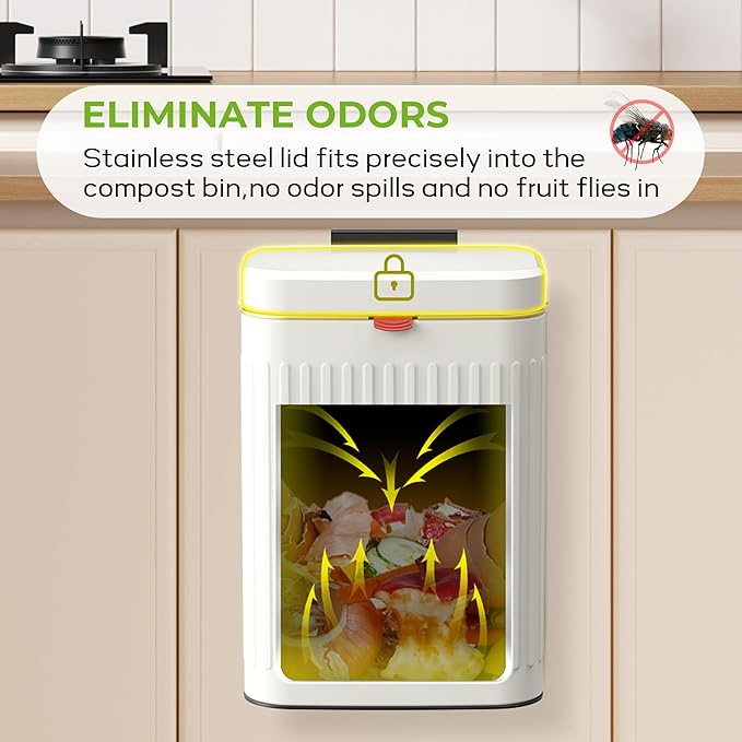 Kitchen Compost Bin Hanging Trash Can with Lid, 2.1 Gallon Stainless Steel Trash Can Compost Bin, Wall-Mount Indoor Kitchen Trash Bin for Cabinet, Under Sink, Bathroom (2.1 Gallon, 8L Ivory White)