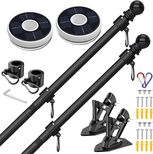 ZMTECH 2 Pcs 6 FT Flag Pole with Solar Light - Adjustable Bracket, Stainless Steel Flag Poles for Outside House, Tangle Free Flag Pole Holder Kit for American Flag (Without Flag, Black)