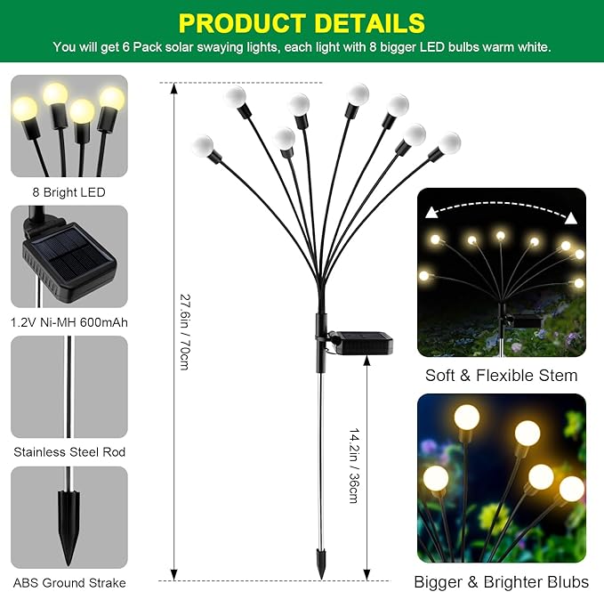 Solar Garden Lights - 6 Pack Solar Firefly Lights Outdoor Waterproof New Upgraded Swaying Landscape Lighting for Outside Pathway Patio Yard Garden Outdoor Decor Sway by Wind 8 LED Warm White