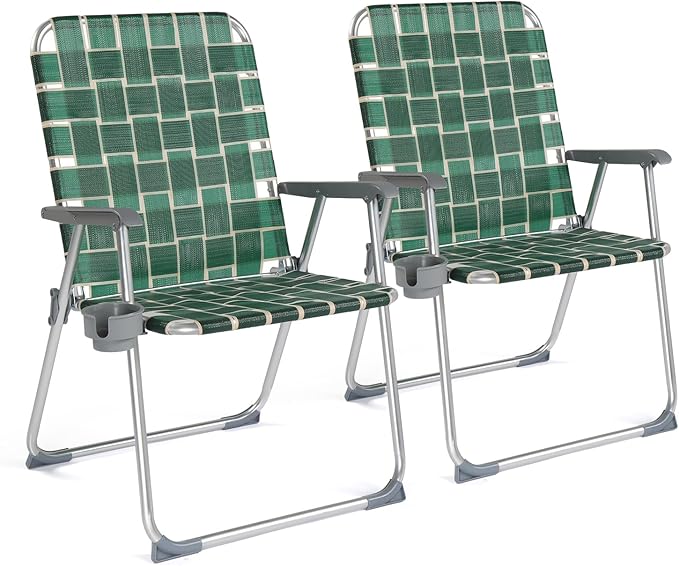 VINGLI Folding Webbed Oversized Lawn Chairs with Detachable Cup Holder, 300 LBS High Beach Chair for Adults Heavy Duty, Portable Aluminum Patio Chair for Yard, Garden, 2 Pack,Dark Green