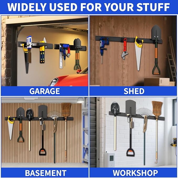 Garage Organization Tool Organizer Wall Mount, 48inch Heavy Duty Garden Tool organizer Storage System, Easy Install With 9 Adjustable Hooks, For Garage, Basement, Shed, Workshop(Black)