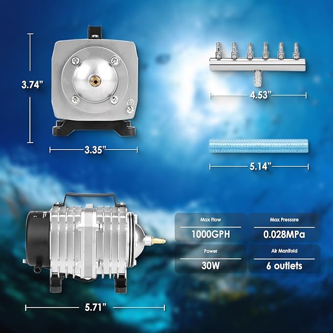 Aquarium Air Pump with Aluminum Housing, Commercial Air Pump with 6-Outlet Air Manifold, Pond Aerator Fish Tank Bubbler for Aquarium, Pond, Hydroponics (1000GPH-30W)