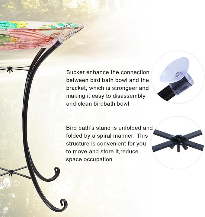 MUMTOP Outdoor Glass Birdbath with Metal Stand for Outside Yard Garden Decor, 18 inch Diameter Flamingo Bird Baths Bowl for Outdoors, 21.65 inch Height