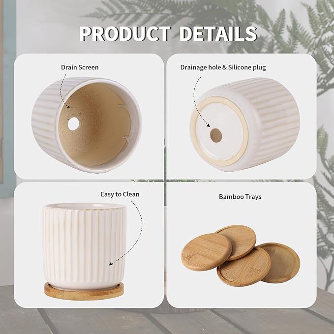 TAMAYKIM 4 Inch Ceramic Plant Pots with Drainage Holes, Modern Flower Planter with Saucer for Indoor Plants, Succulent, Cactus & Herbs, White, Set of 4 (Plants Not Included)