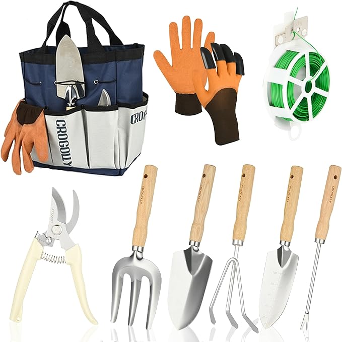Garden Tool Set, 9-Piece Heavy Duty Outdoor Garden Tools with Ergonomic Handles, Storage Bag, Pruning Shears, Hand Rake and More, Perfect for Gardening Enthusiasts, Gardening Gifts for Women and Men