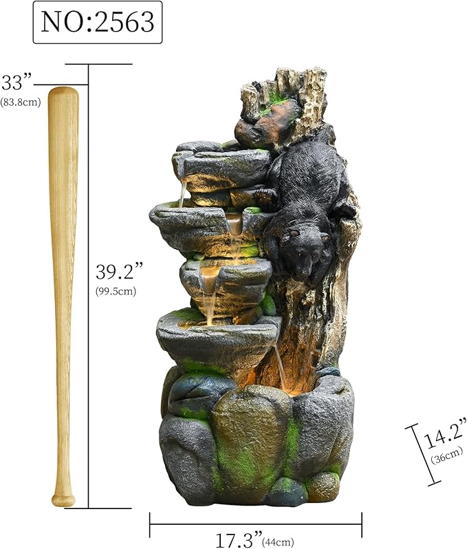 39" Outdoor Garden Water Fountain with Lights 5 Tiers Cascading Large Waterfall Floor Standing Fountain for Patio, Backyard, Deck, Porch and Home Art Decor