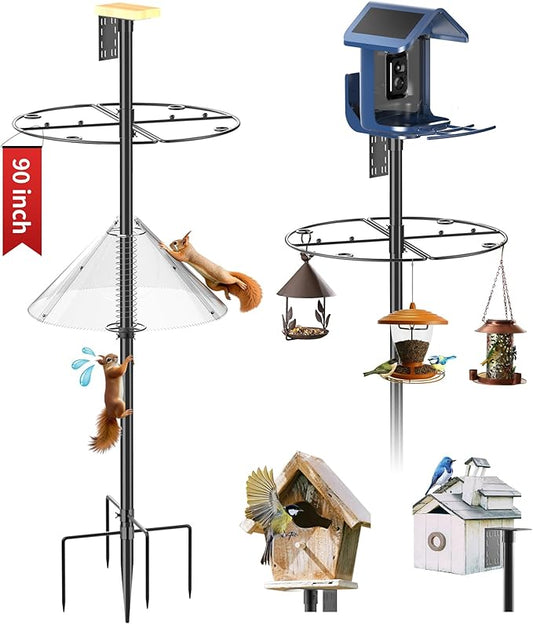 Bird Feeder Pole with Squirrel Baffle - 90 Inch Bird House Pole with Semicircular Hook for Outdoors, Squirrel Proof Baffle with Stainless Steel Spring for Better Defense, Slip-Fit Connection